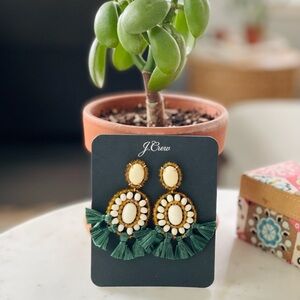 J. Crew Cream and Green Tassel Statement Earrings